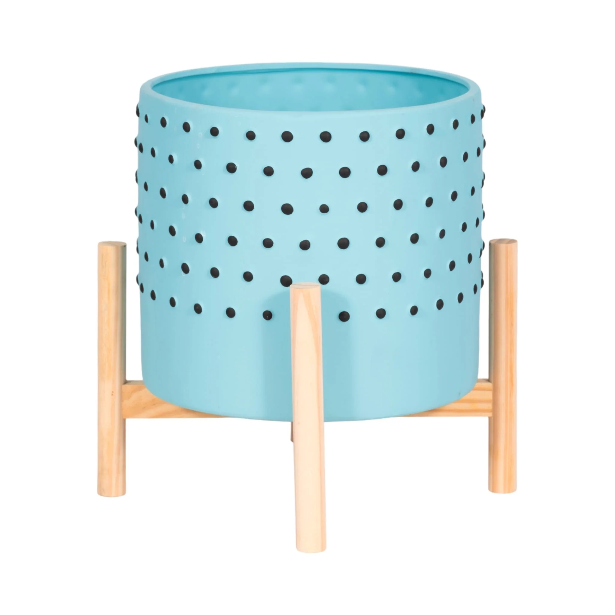 10" Dotted Planter W/ Wood Stand, Blue