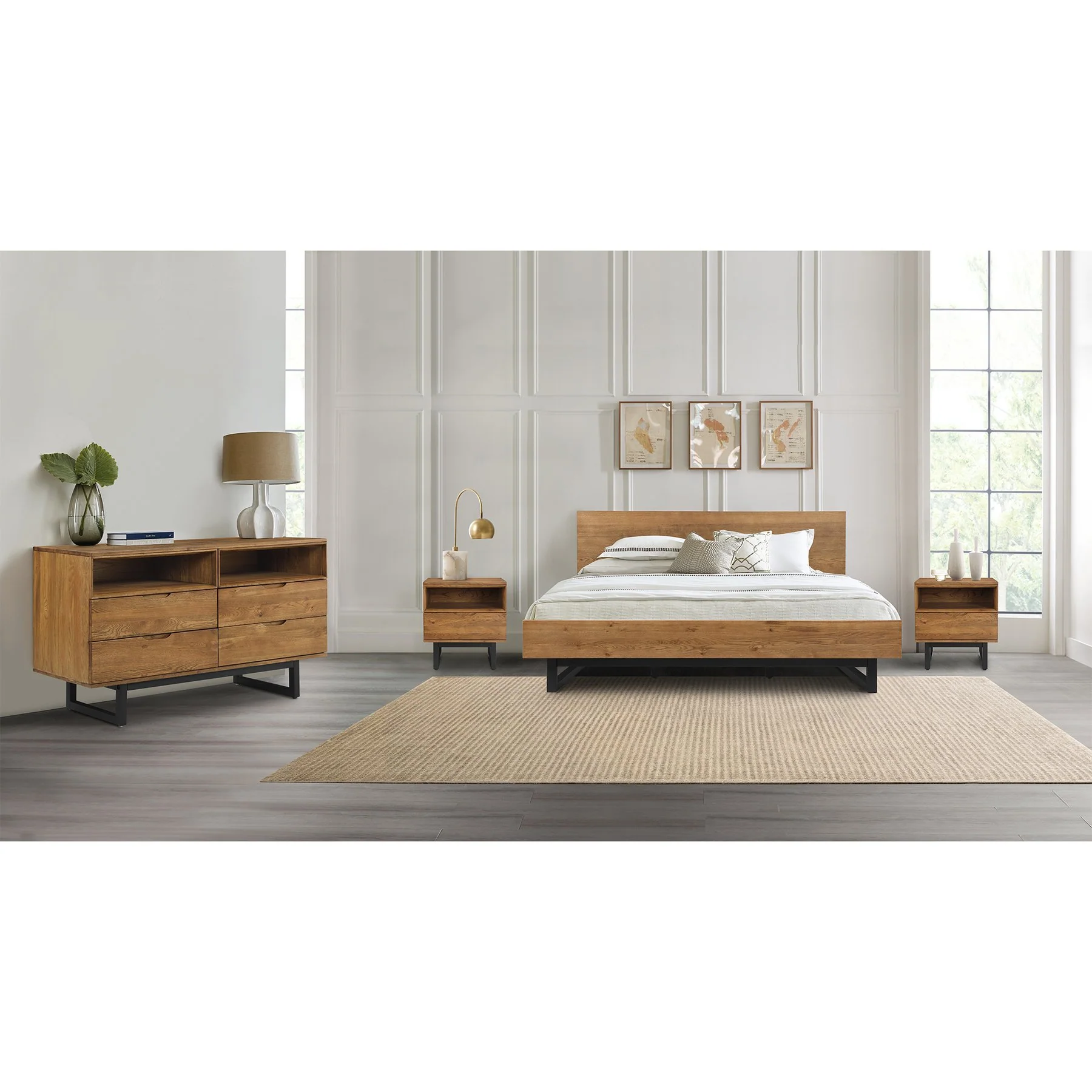 Aldo King Size Brown Oak Wood Platform Bed Frame with Black Metal Legs - Image 12