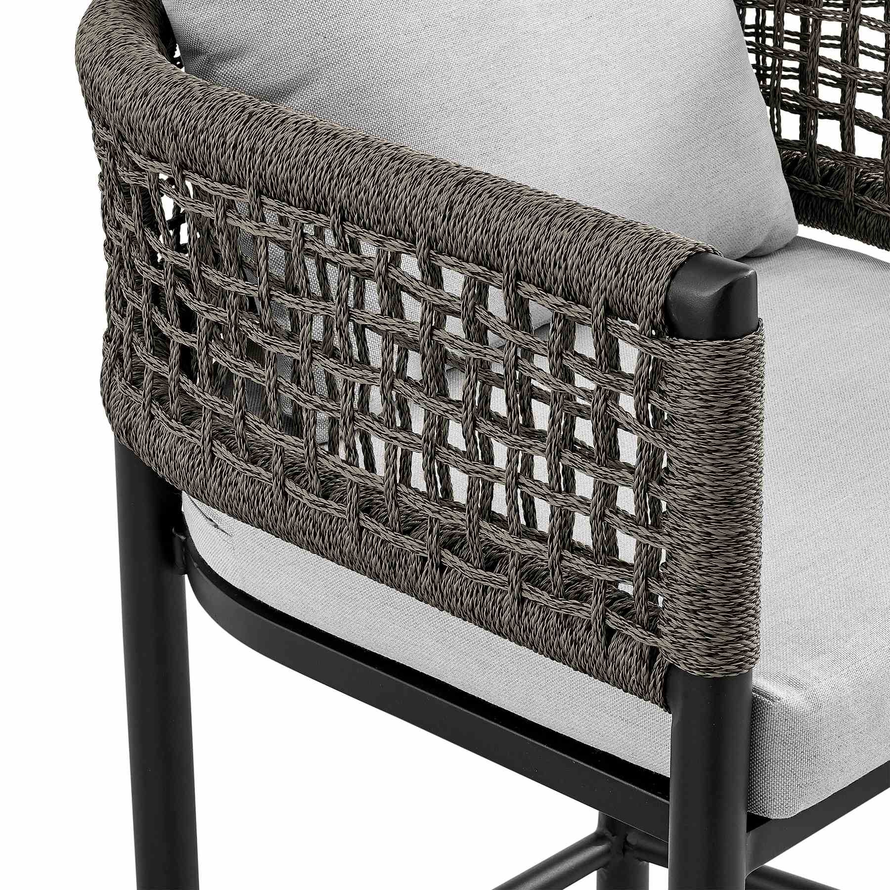 Alegria Outdoor Patio Counter Height Bar Stool in Aluminum with Gray Rope and Cushions - Image 6