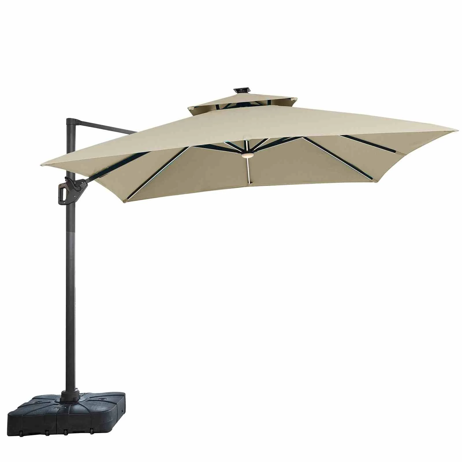 Aurora 10' SQ Umbrella, Double Top, LED Bulb + Control, Tan + Base