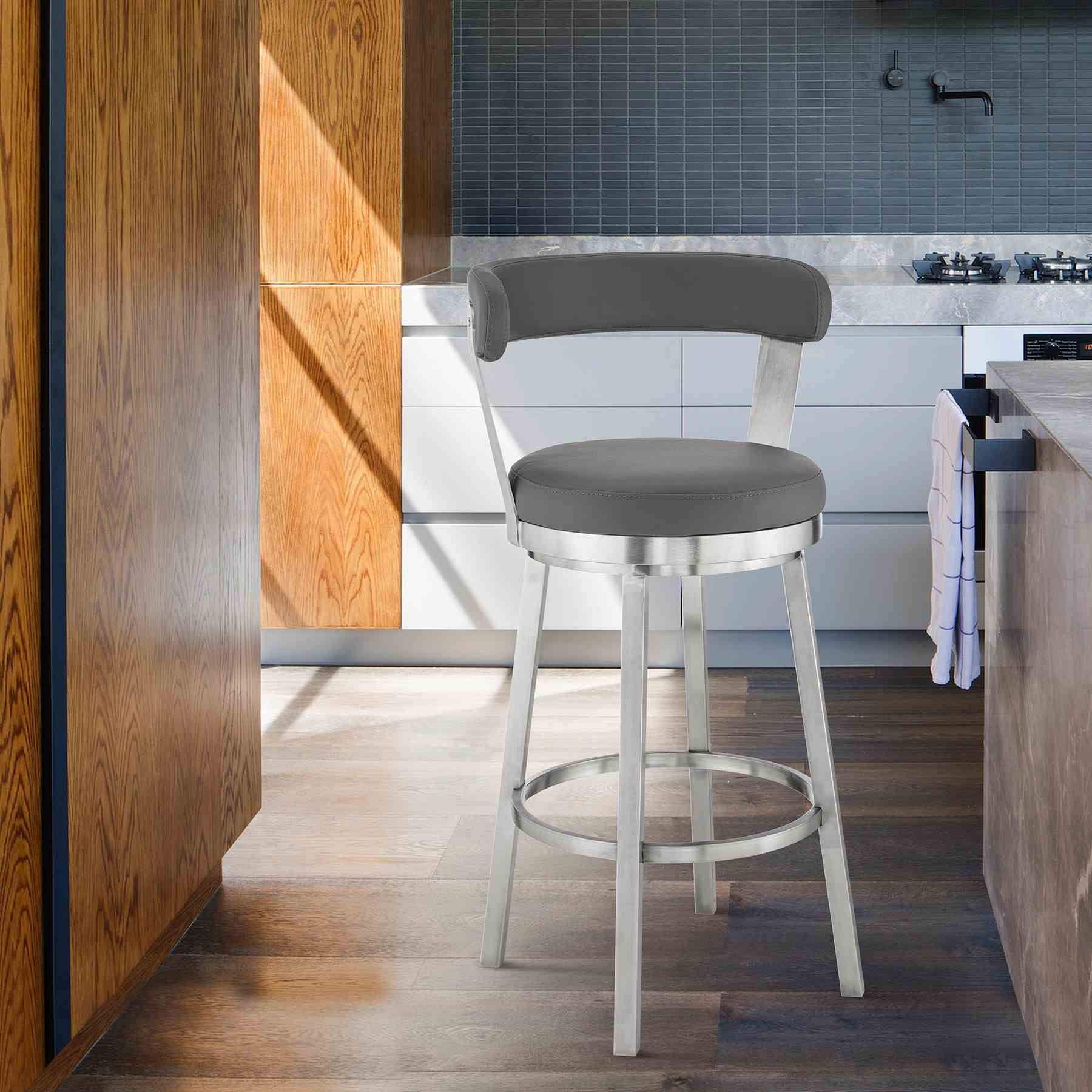 Bryant 30" Bar Height Swivel Bar Stool in Brushed Stainless Steel Finish and Gray Faux Leather - Image 9