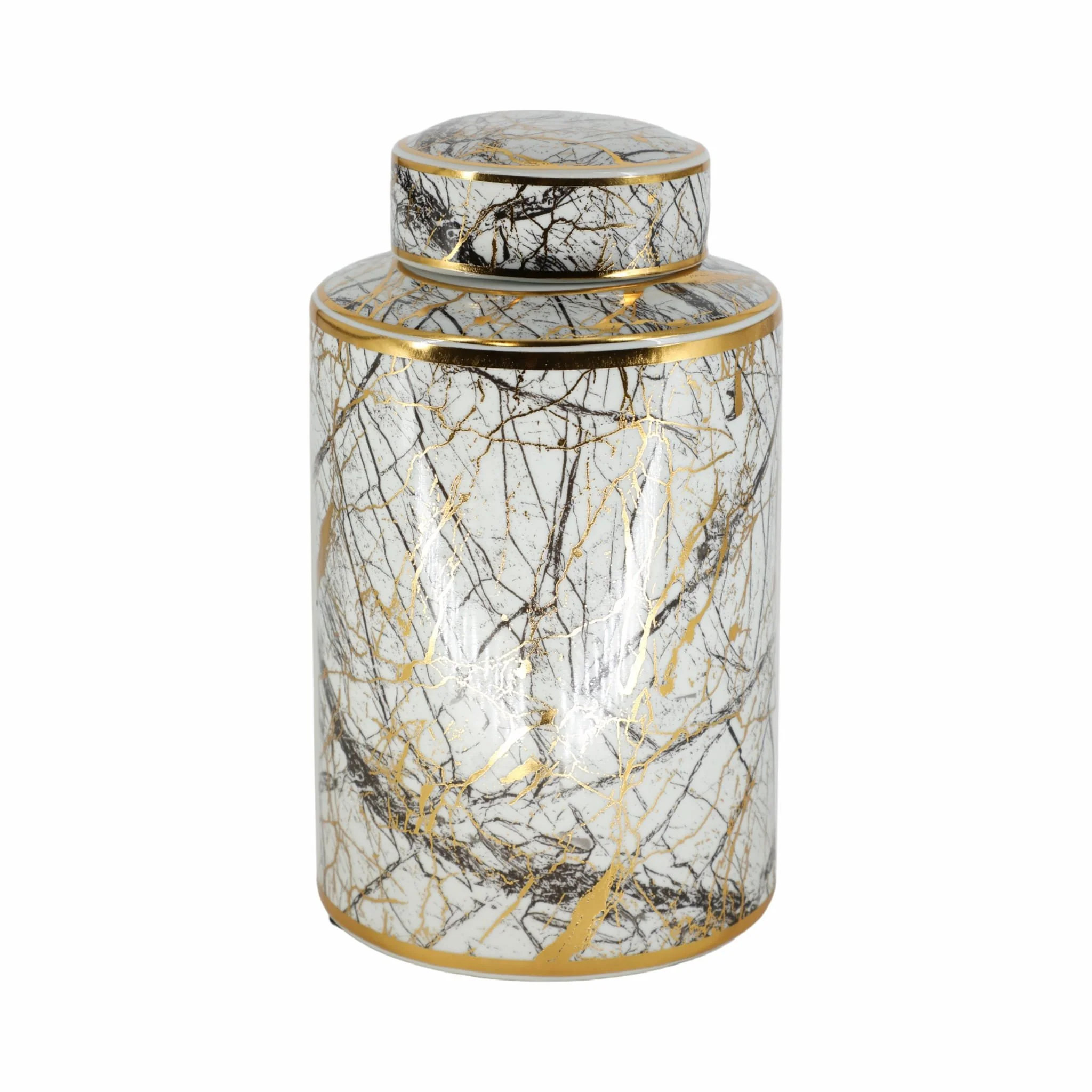 Ceramic 12" Jar With Gold Lid, White