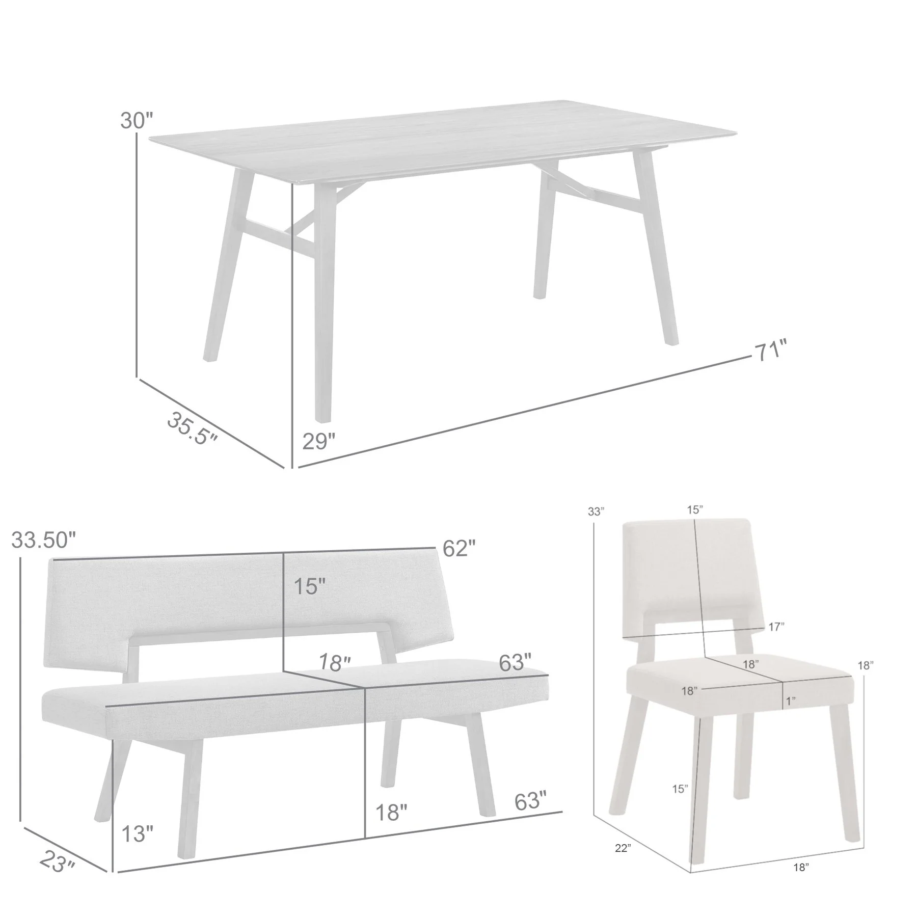 Channell 6 Piece Black Wood Dining Table Set with Bench in Charcoal Fabric - Image 10