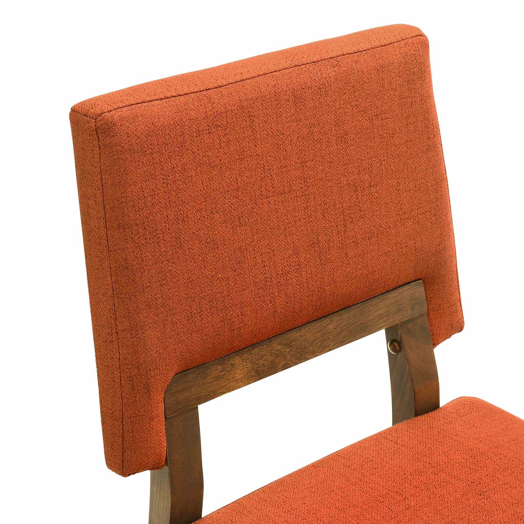 Channell 6 Piece Walnut Wood Dining Table Set with Bench in Orange Fabric - Image 6