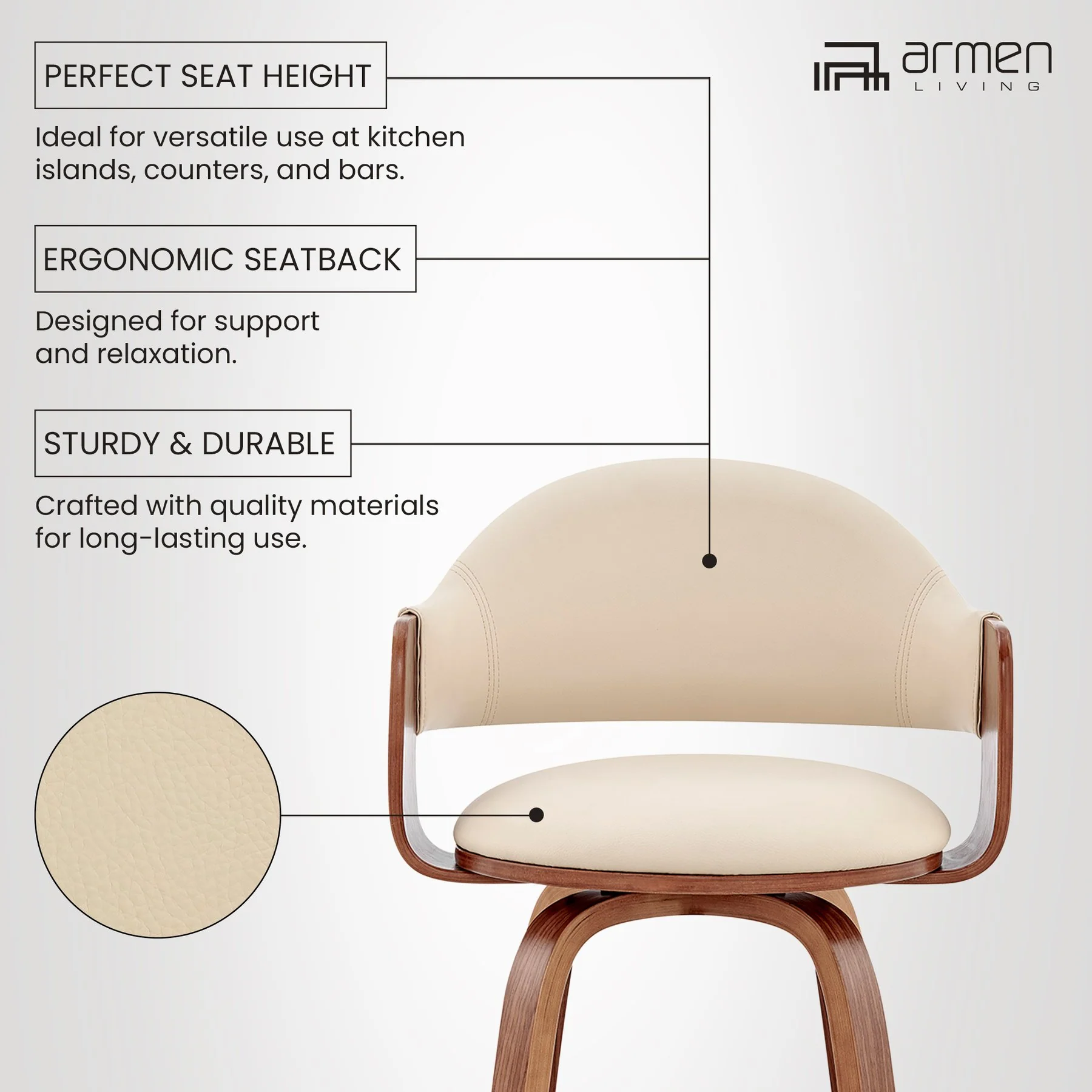 Daxton 30" Cream Faux Leather and Walnut Wood Bar Stool - Image 12