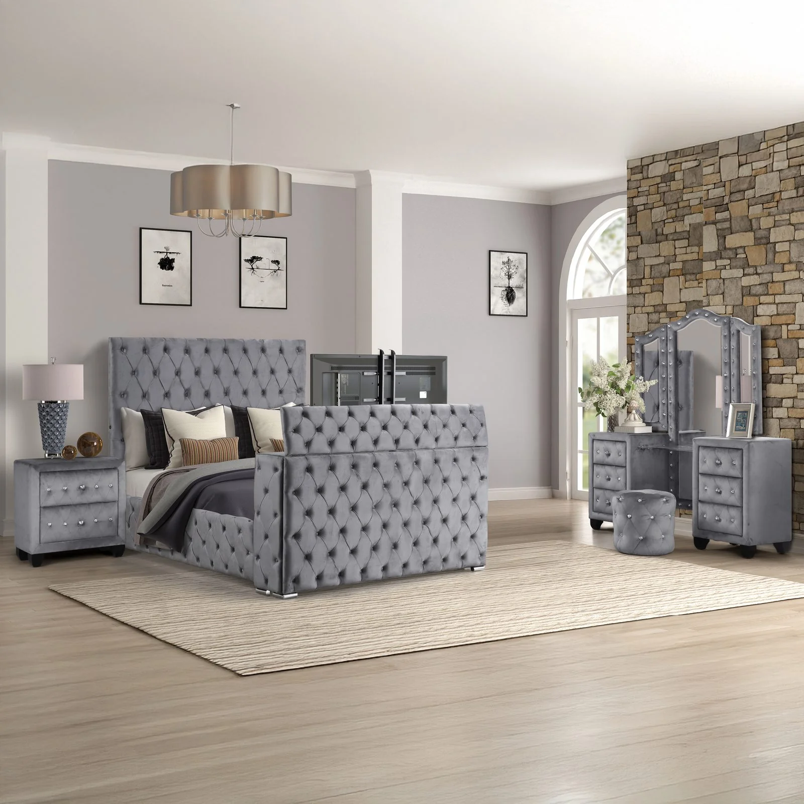 Encore King 4PC Vanity Bedroom Set Gray
