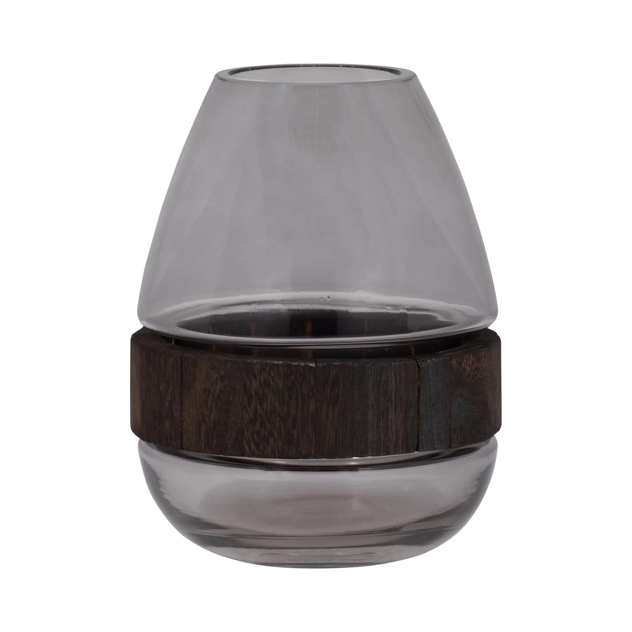 Glass, 10" Belly Vase W/ Wood Band, Clear