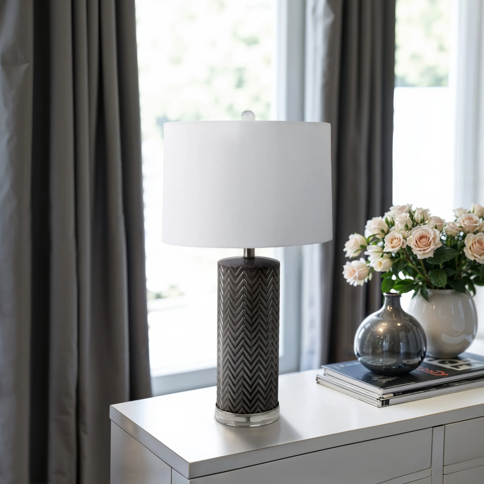 Glass 28" Chevron Table Lamp, Gray/white - Image 9