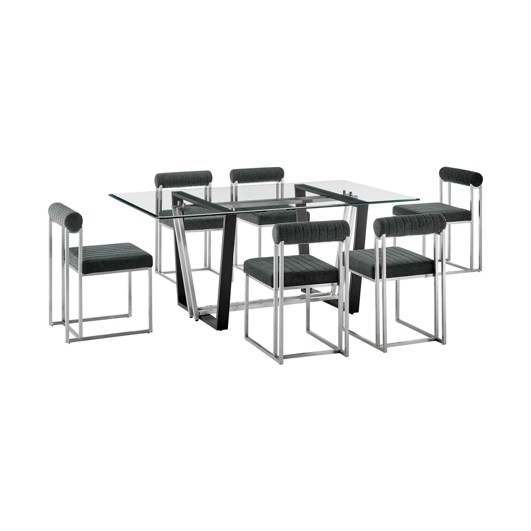 Kai Anastasia 7 Piece Rectangular Glass Dining Table Set with Brushed Stainless Steel and Charcoal Fabric
