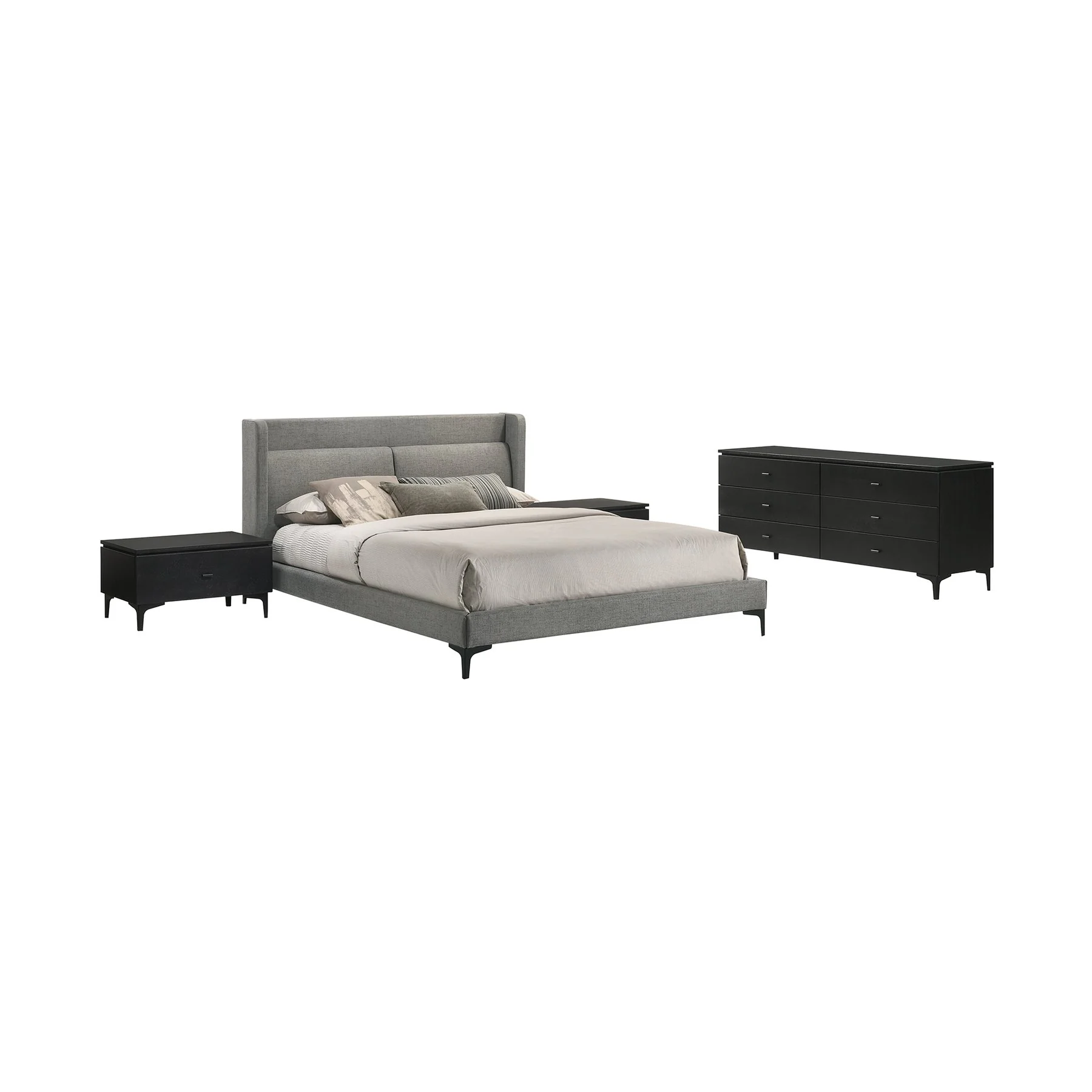 Legend 4 Piece Gray Fabric Queen Platform Bedroom Set with Dresser and Nightstands