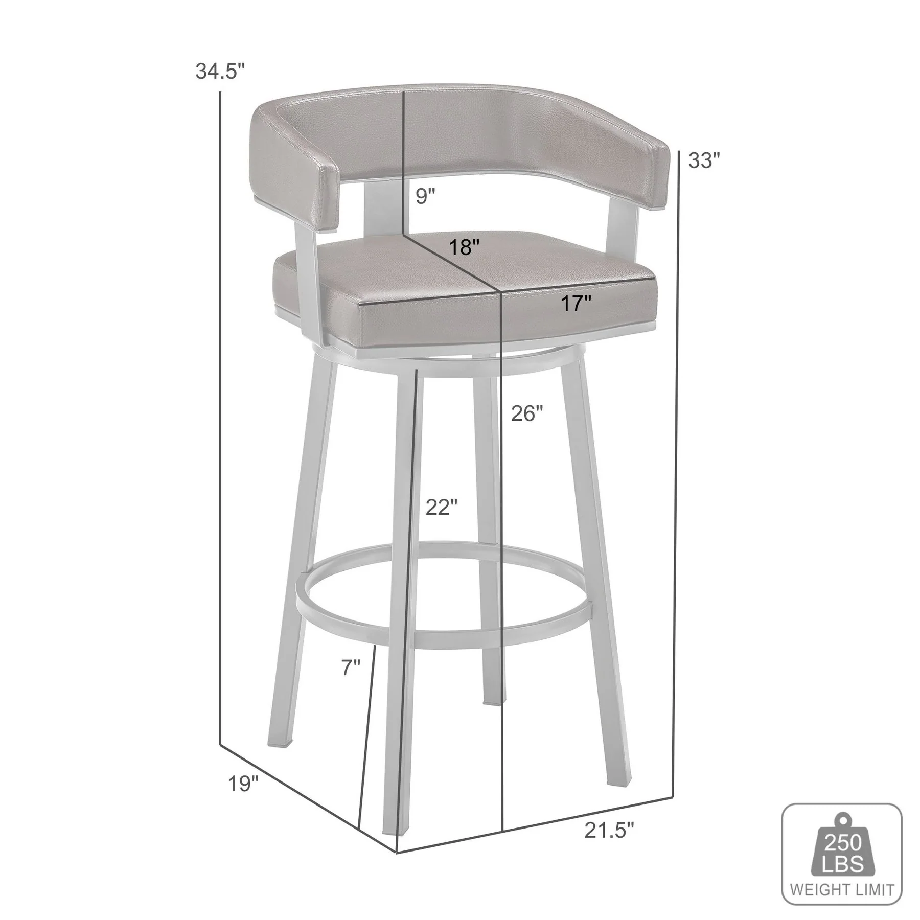 Lorin 26" White Faux Leather and Brushed Stainless Steel Swivel Bar Stool - Image 7