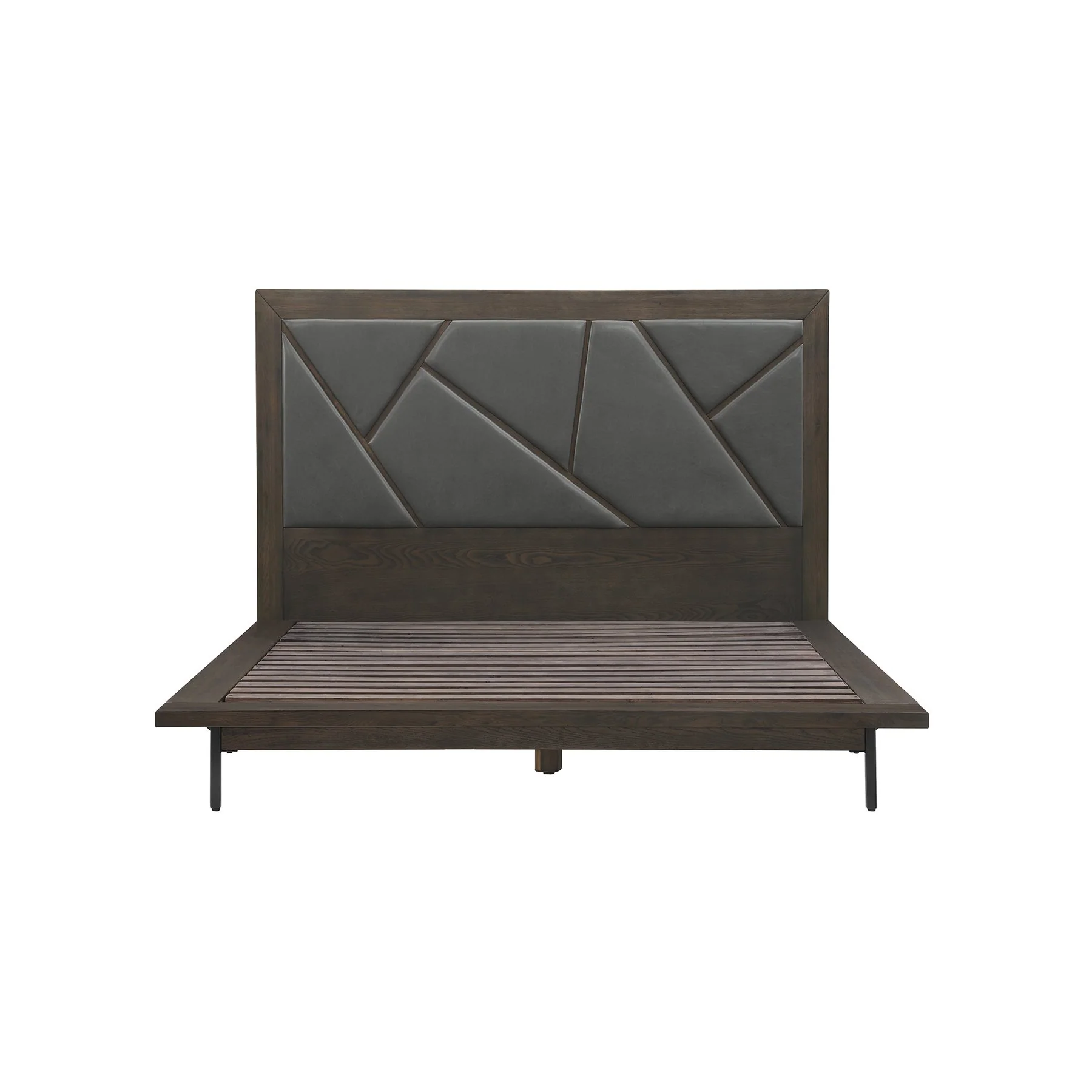 Marquis 3 Piece Queen Size Platform Bed Frame Bedroom Set in Oak Wood with Faux Leather Headboard - Image 2