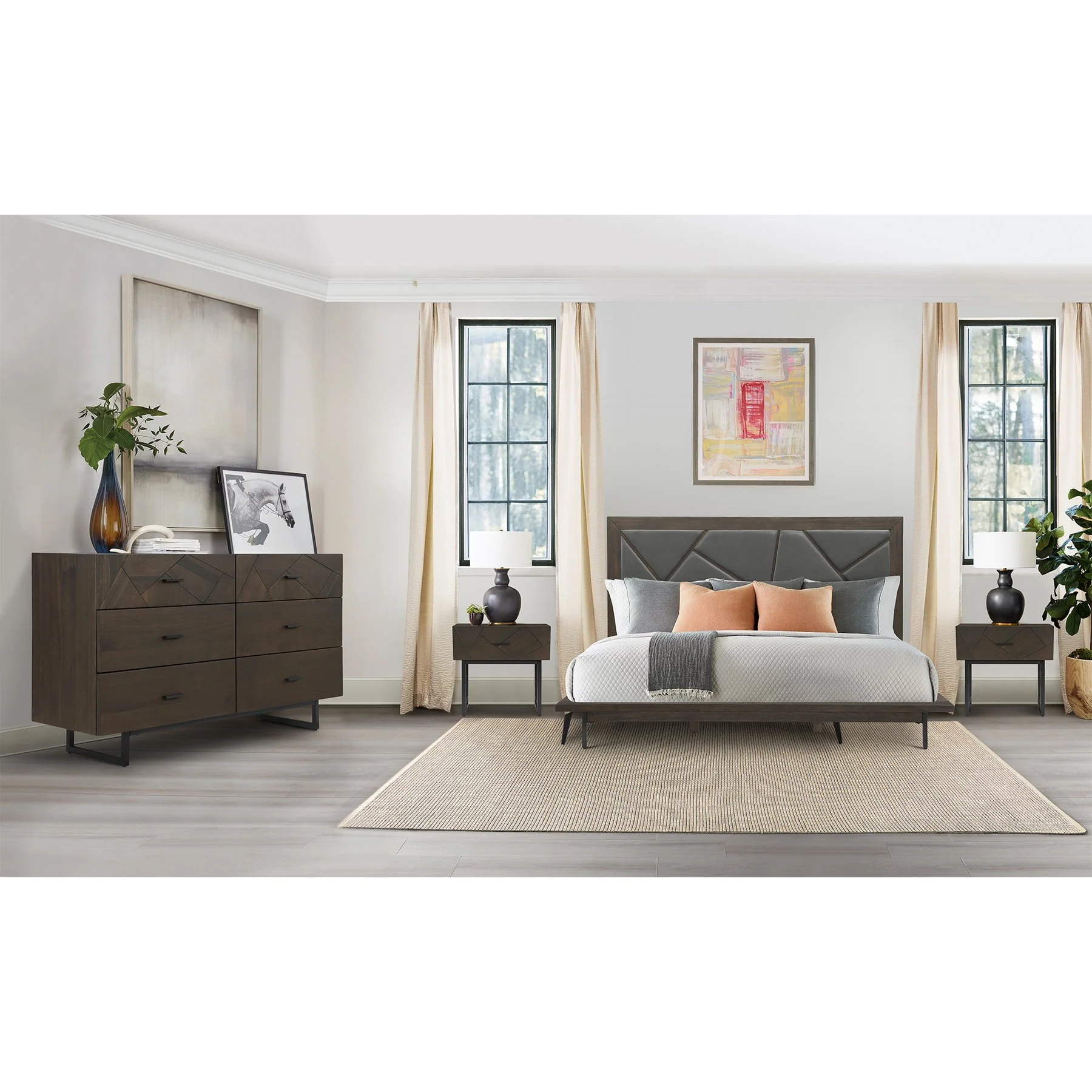Marquis Queen Size Platform Bed Frame in Oak Wood with Faux Leather Headboard and Black Metal Legs - Image 12