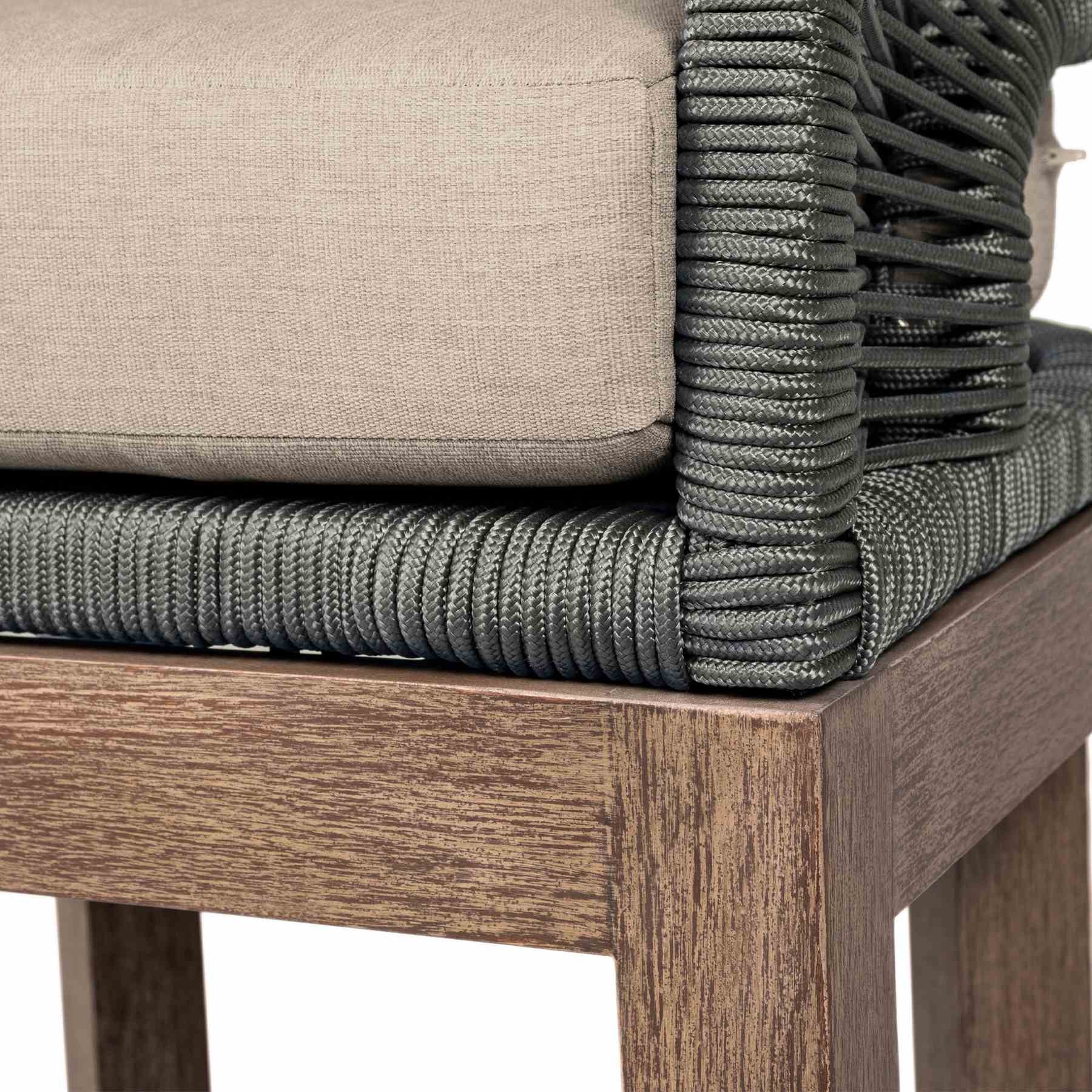 Orbit Outdoor Patio 5 Piece Dining Set in Weathered Eucalyptus Wood with Gray Rope and Taupe Olefin Cushions - Image 9
