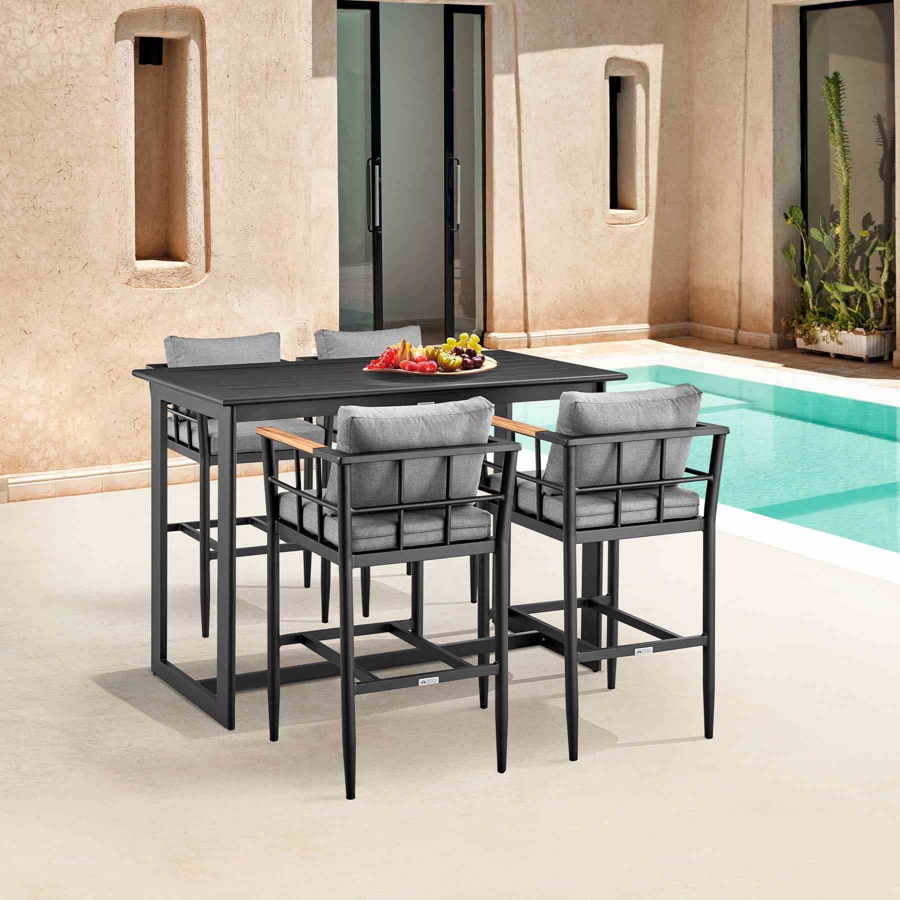Orlando Outdoor Patio Counter Height Bar Stool in Aluminum and Teak with Gray Cushions - Image 11