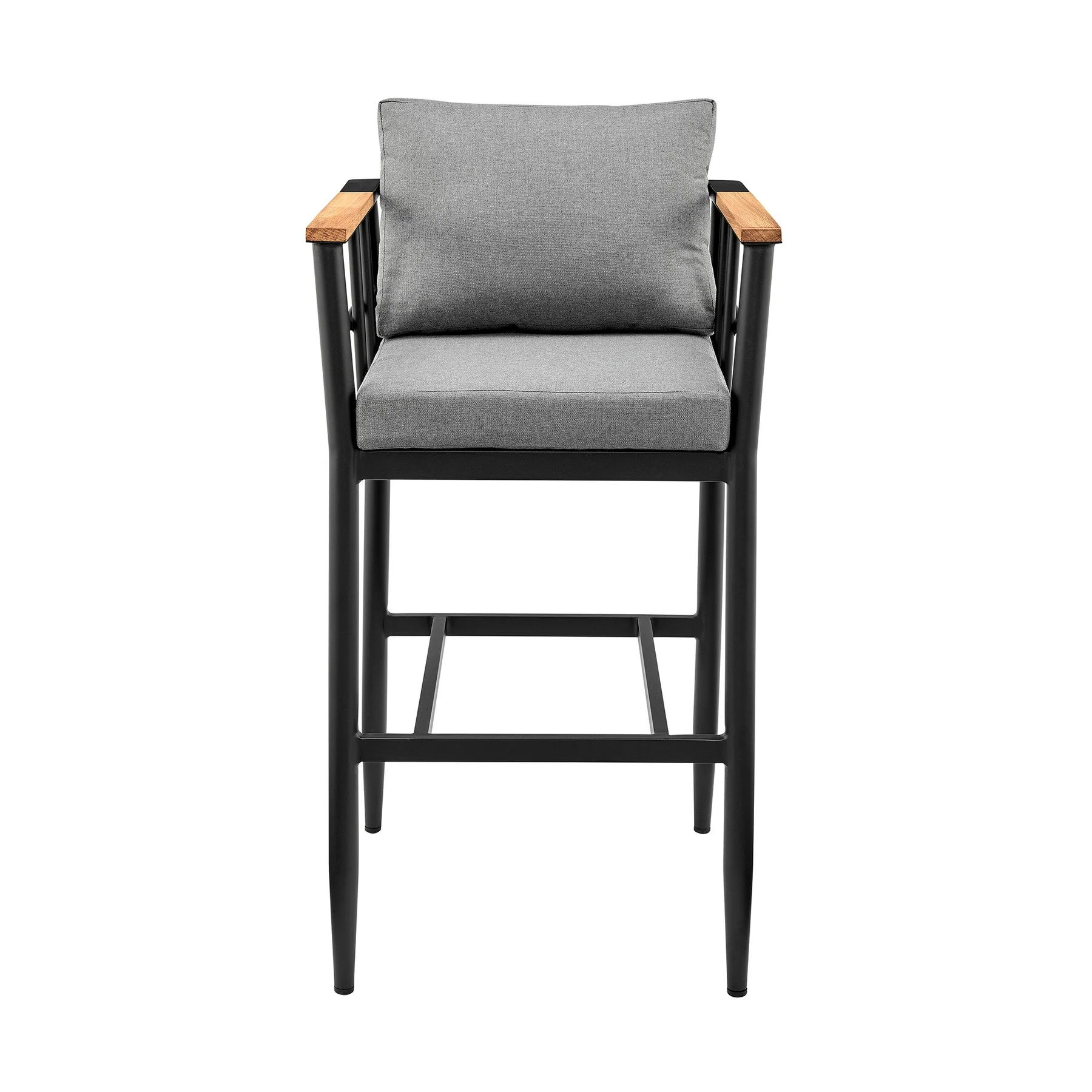 Orlando Outdoor Patio Counter Height Bar Stool in Aluminum and Teak with Gray Cushions - Image 2
