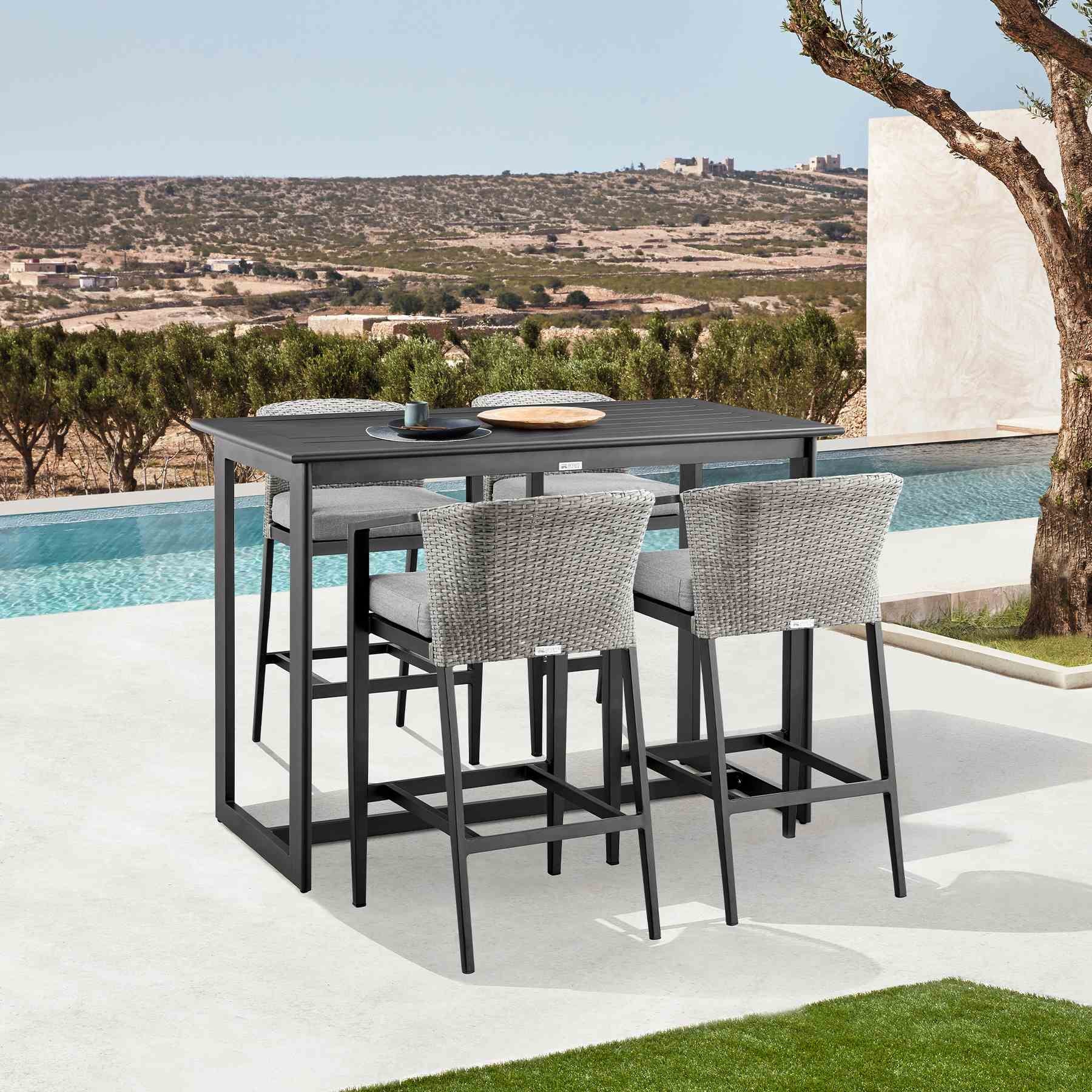 Palma Outdoor Patio Bar Stool in Aluminum and Wicker with Gray Cushions - Image 10