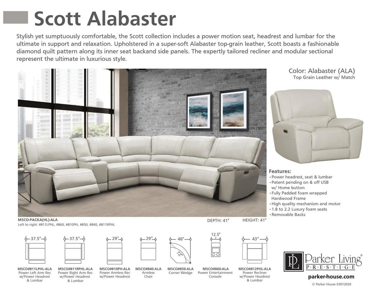 Parker House Scott Power Armless Recliner in Alabaster - Image 3