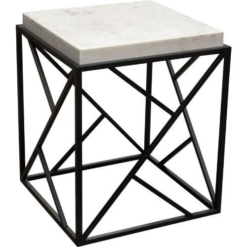 Plymouth Square Accent Table w/ Genuine Grey Marble Top & Black Metal Base