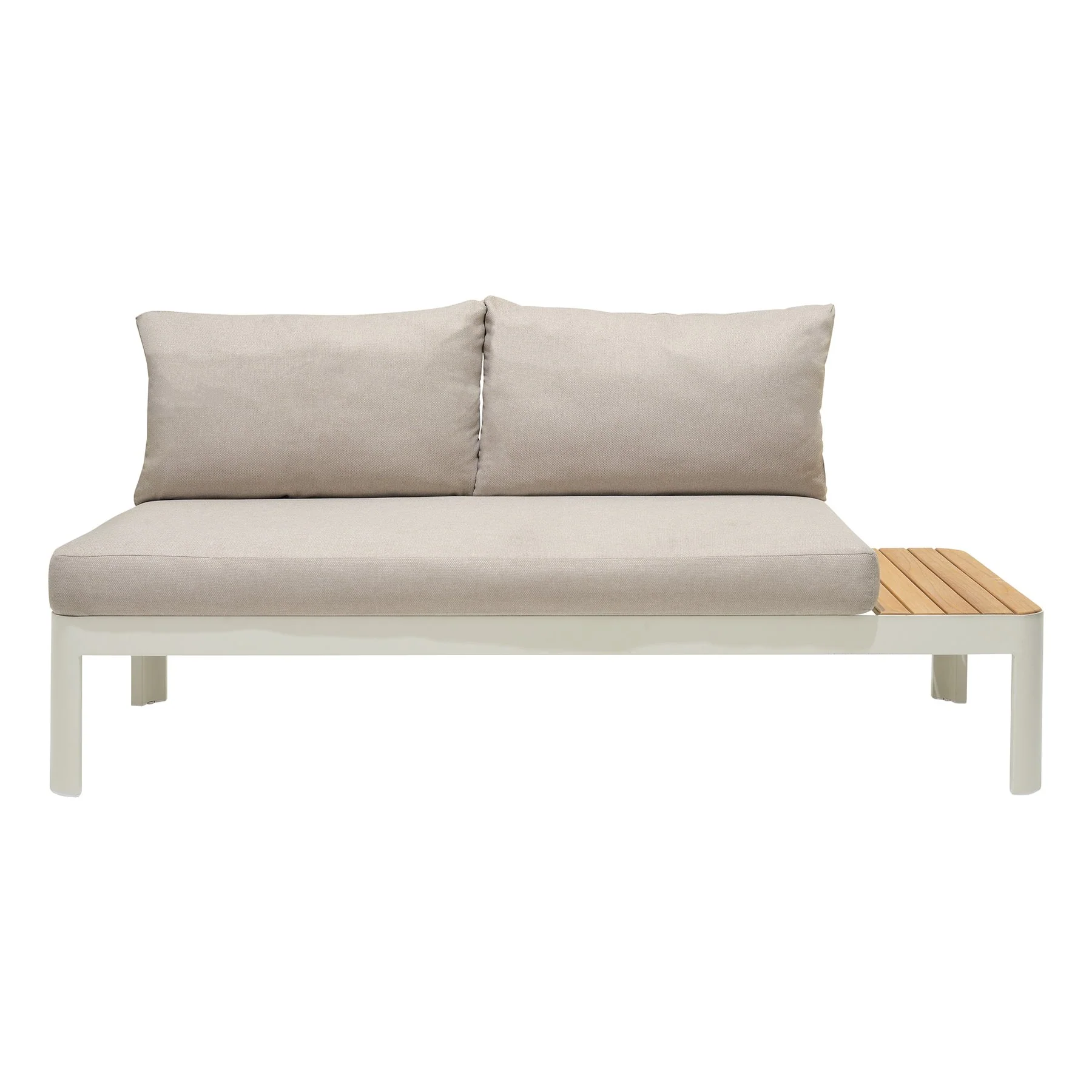 Portals Outdoor 2 Piece Sofa Set in Light Matte Sand Finish with Beige Cushions and Natural Teak Wood Accent - Image 4