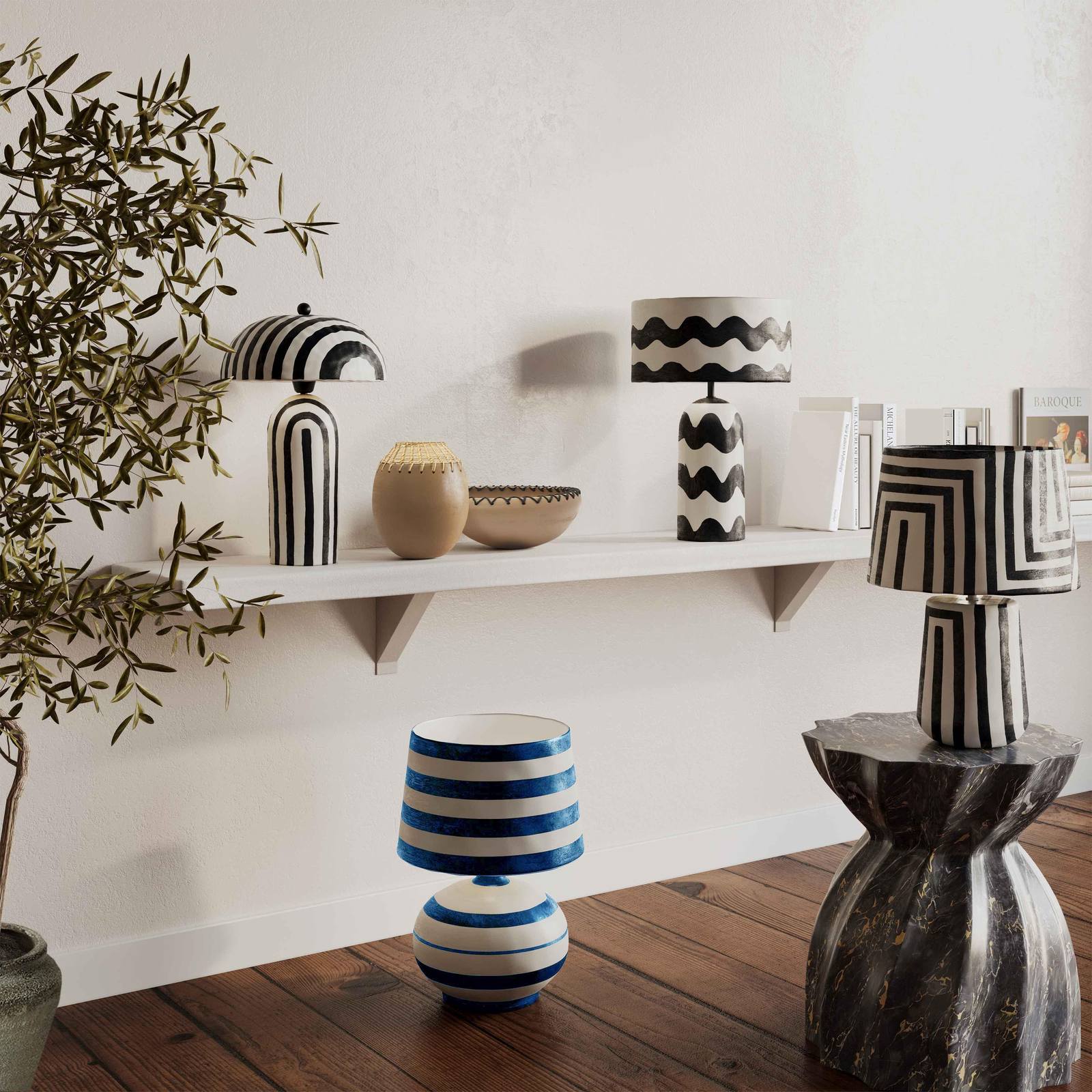 Positano Blue Striped Papier Mache Table Lamp - Image 2