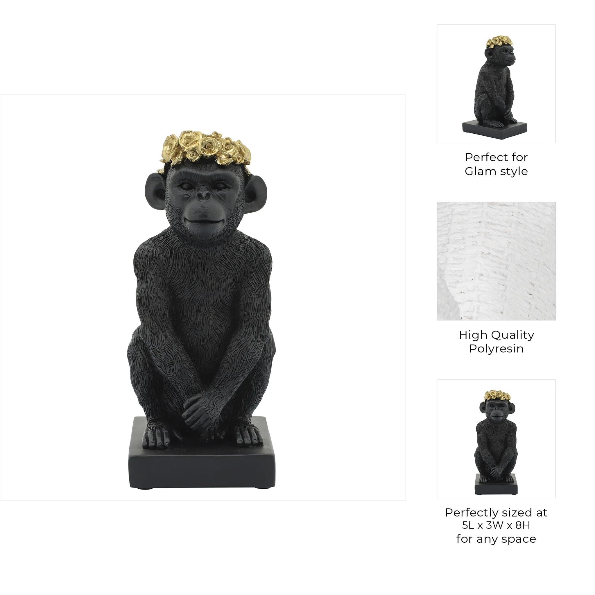 Res, 8" Monkey Flower Crown Figurine, Blk/gld - Image 7