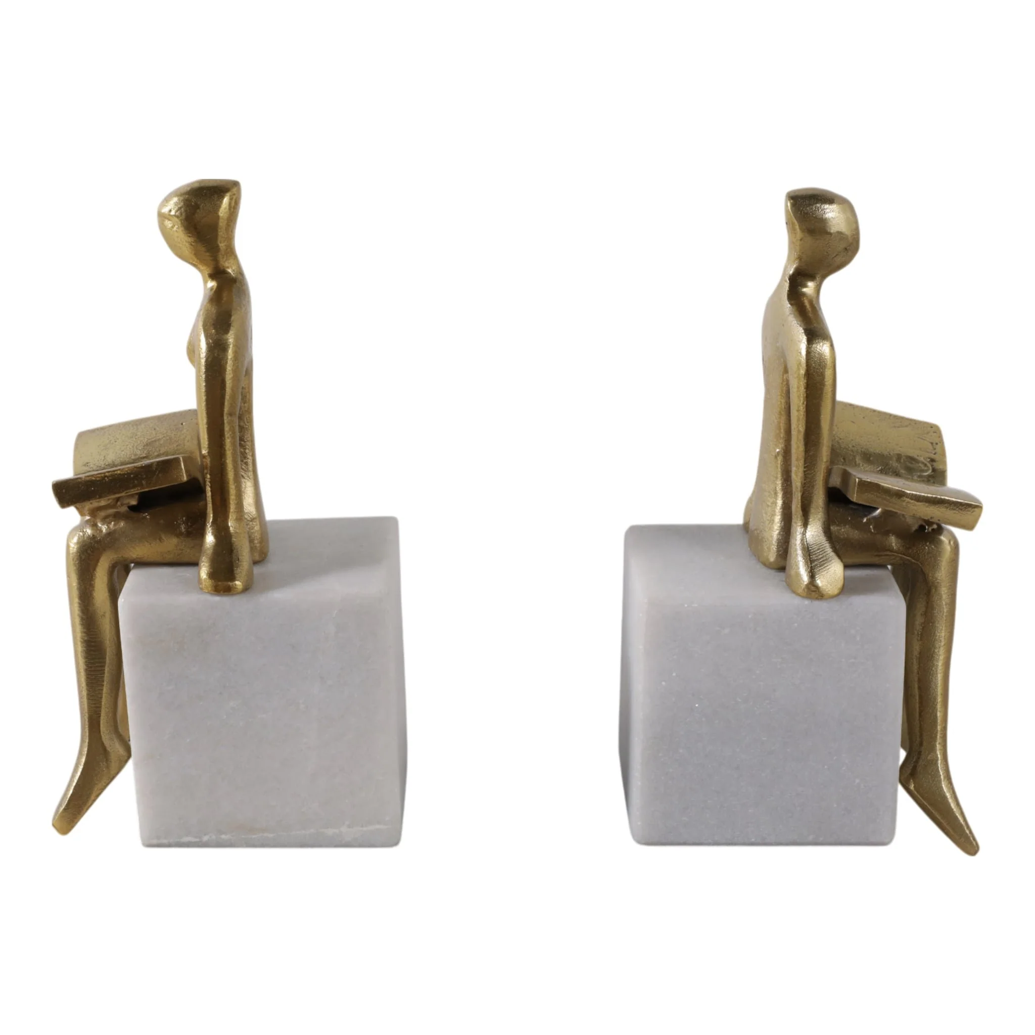 S/2 8" Reading On Marble Stand Bookends, Gold/whit