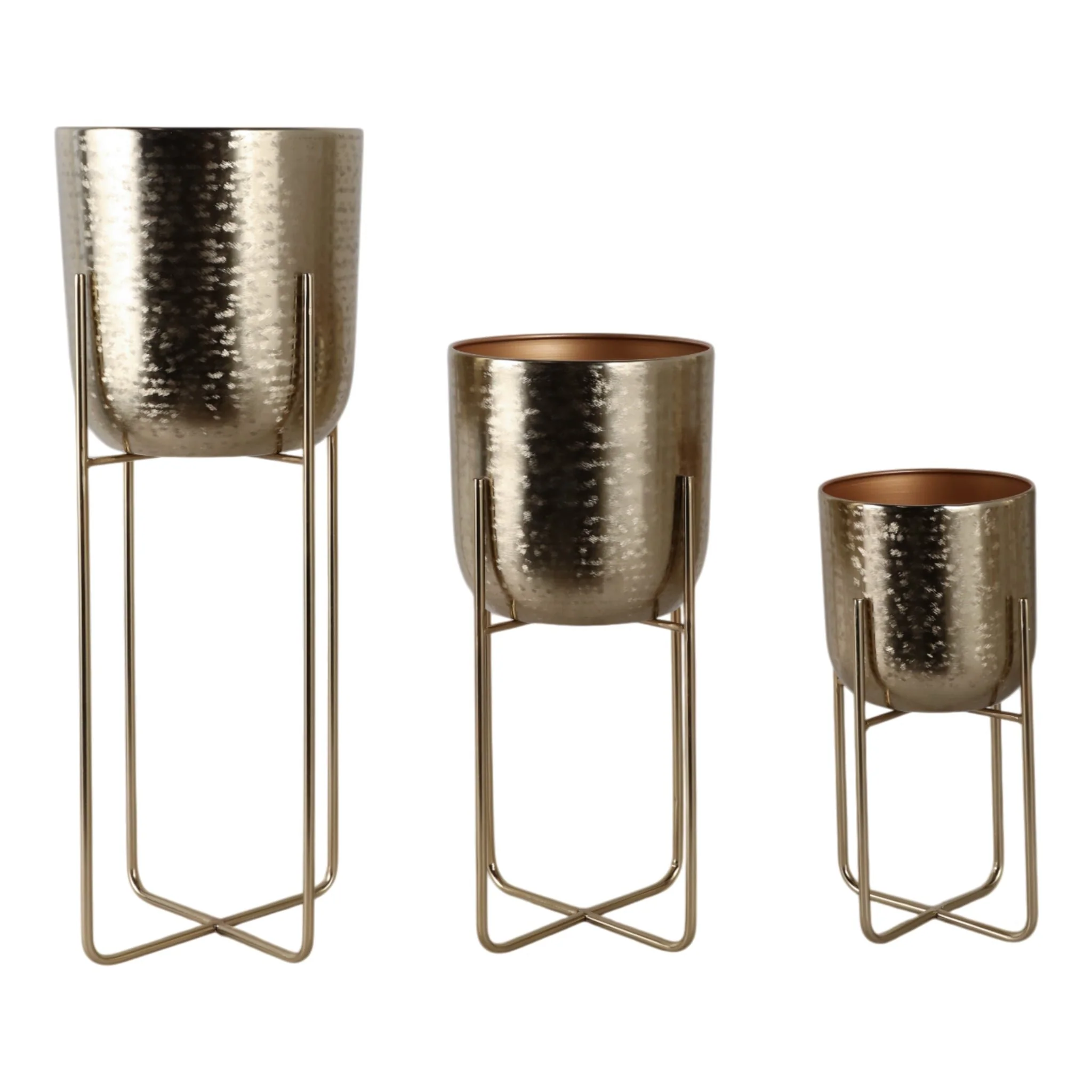 S/3 15/20/27" Etched Metal Planter On Stand, Gold