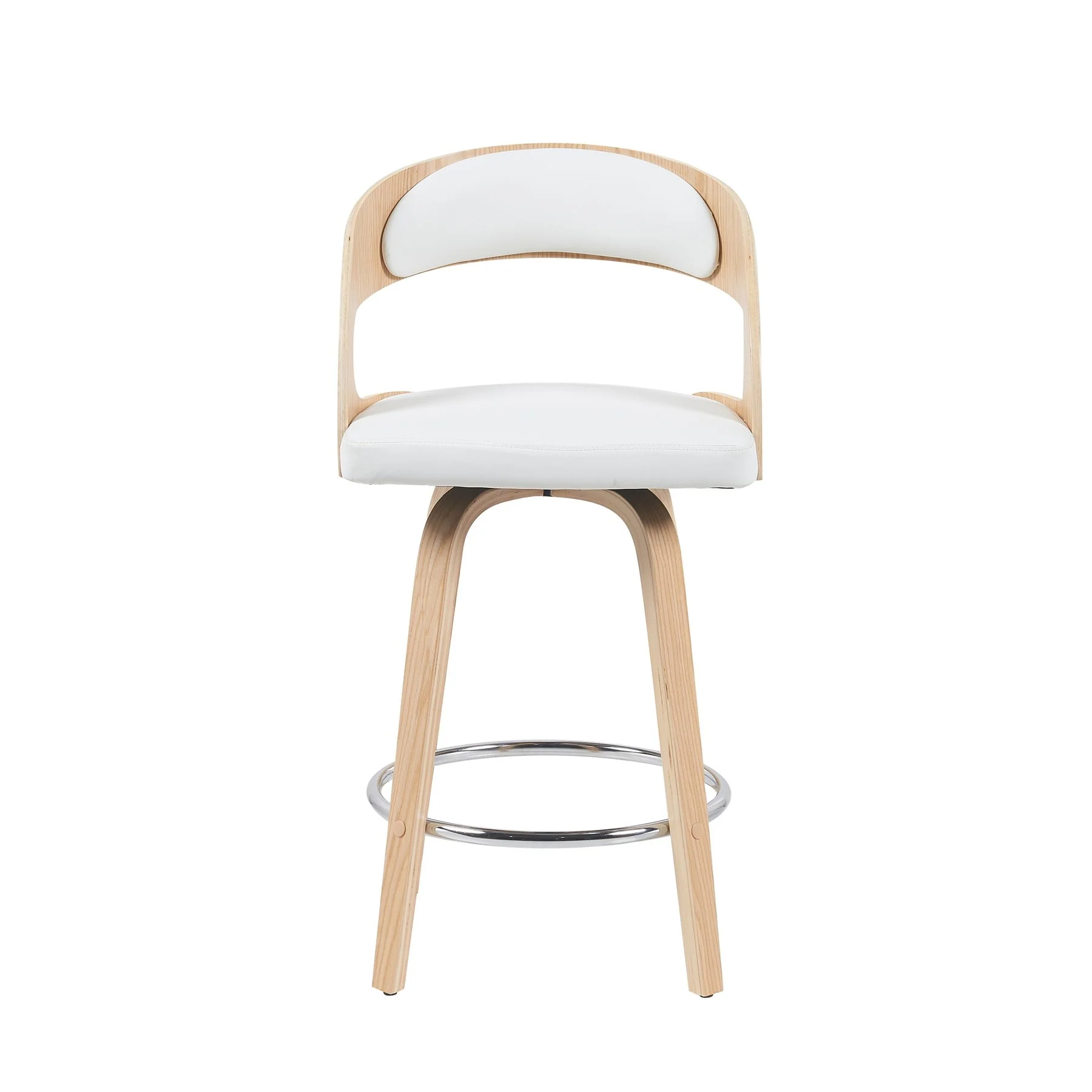 Shelly Modern Counter Height Swivel Bar Stool in Patterned Oak Finish with White Faux Leather Upholstered Seat - Image 2