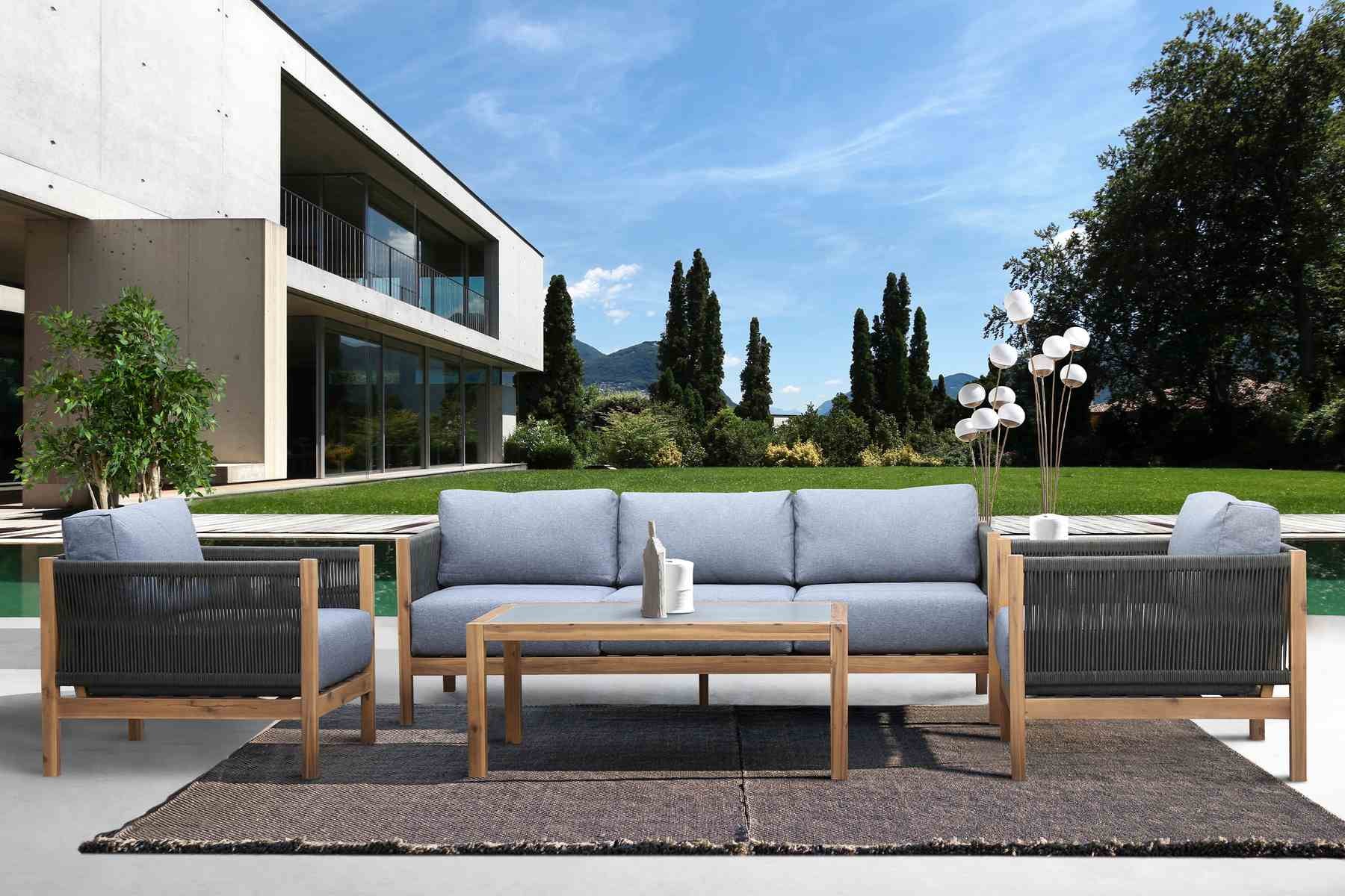 Sienna 4 Piece Eucalyptus Wood Outdoor Sofa Seating Set with Teak Finish and Gray Cushions - Image 9