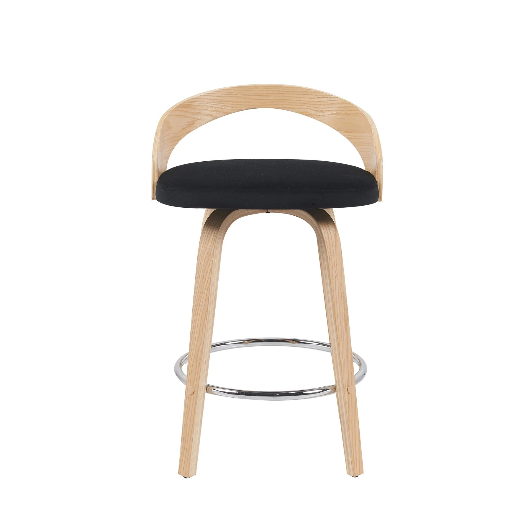 Sonia Modern Swivel Counter Height Bar Stool with Black Upholstered Seat and Patterned Oak Wood Finish - Image 2
