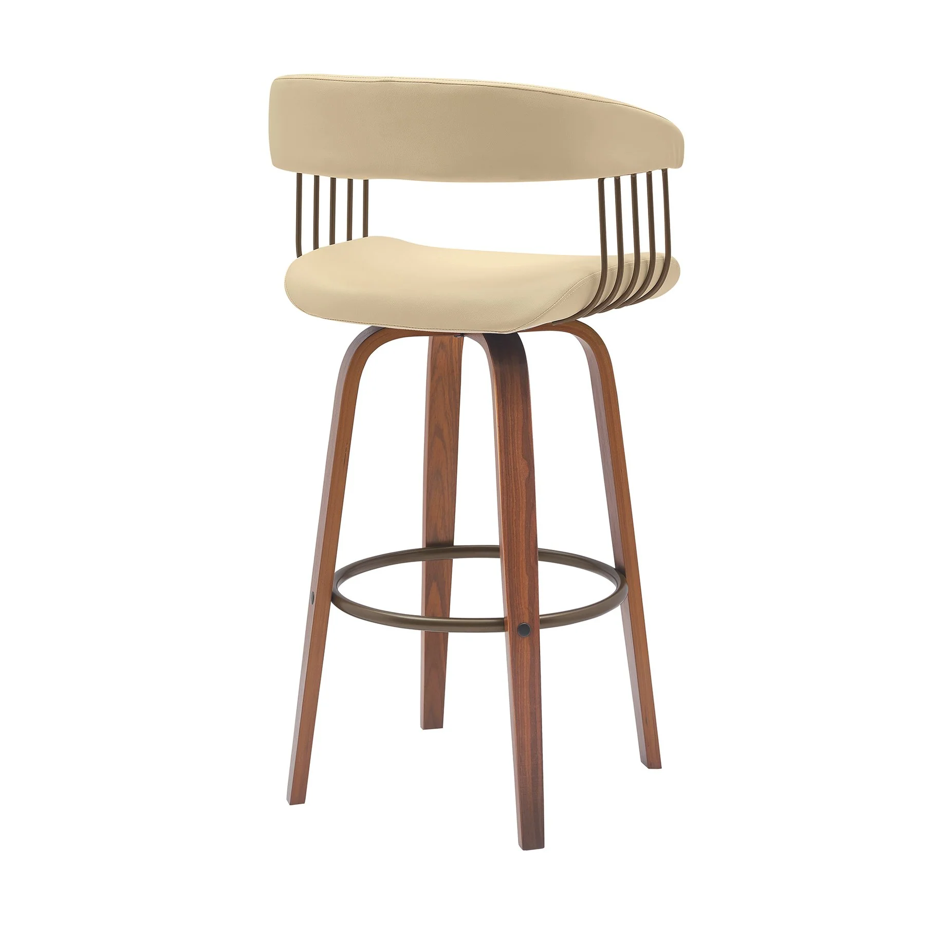 Topanga 26" Swivel Walnut Wood Counter Stool in Cream Faux Leather with Golden Bronze Metal - Image 3