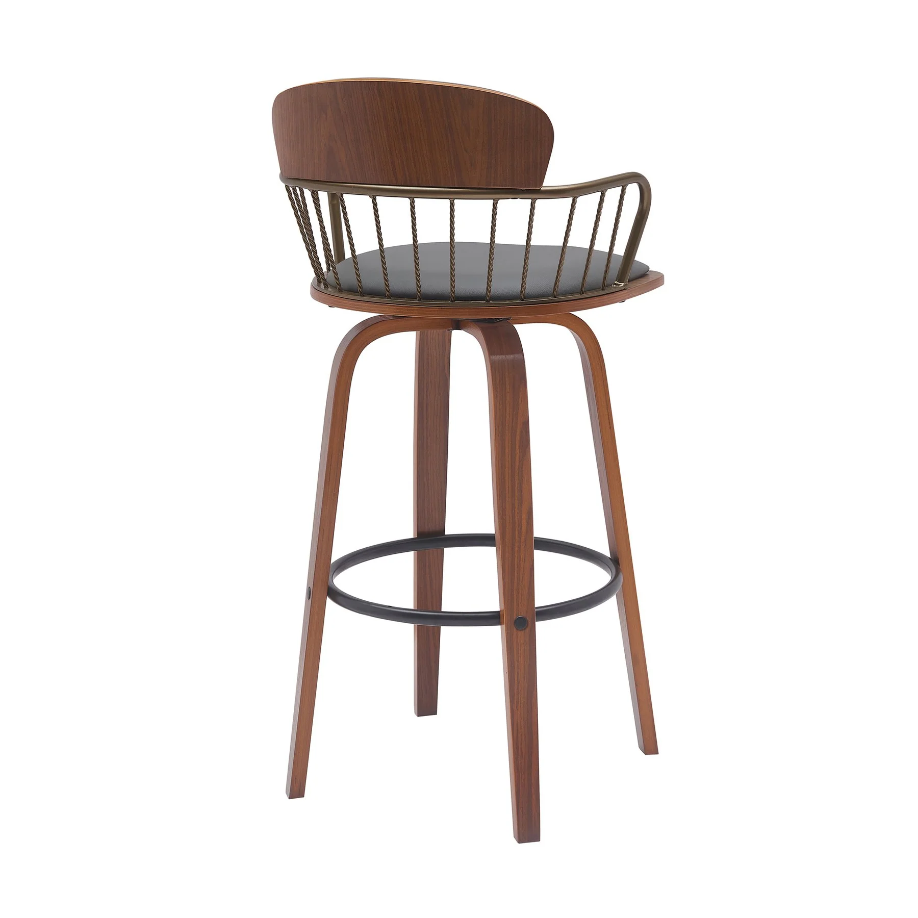 Willow 25.5" Swivel Walnut Wood Counter Stool in Gray Faux Leather with Golden Bronze Metal - Image 3